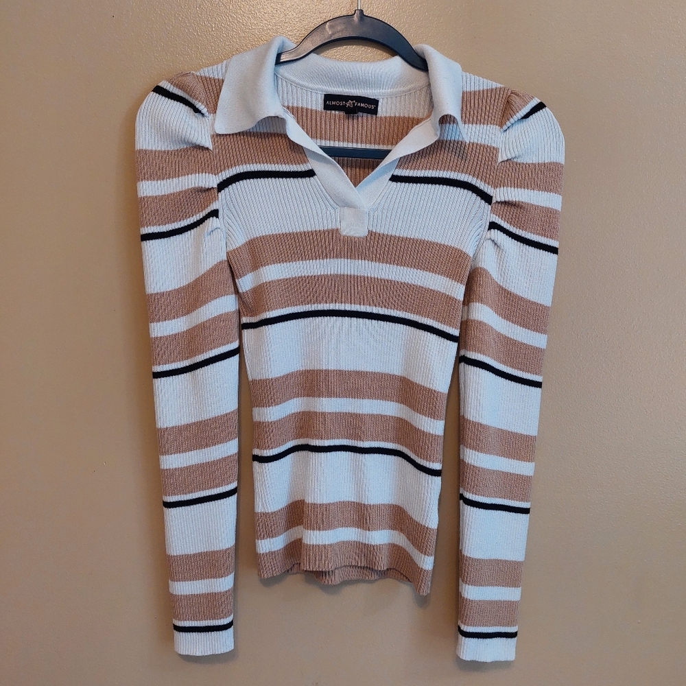 Almost Famous Tan and White Striped V-Neck Long Sleeve Top Small